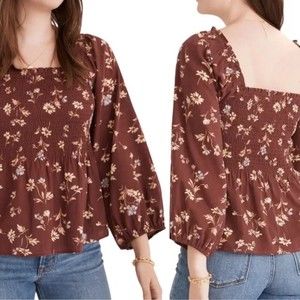 Madewell Lucie Smocked Square Neck Cotton Blouse size 8 Dark Merlot Size 6
